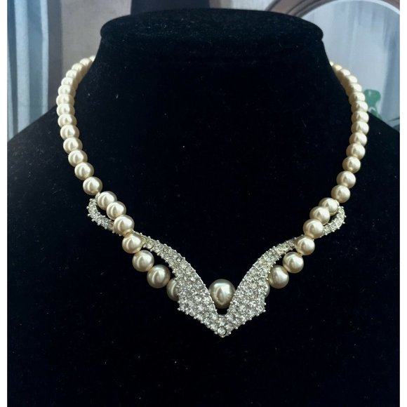 Vtg 50s Marvella Pearl Necklace Crystal art deco
